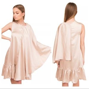 Satin Flounce Dress Beige Unlined Side Cape NWT